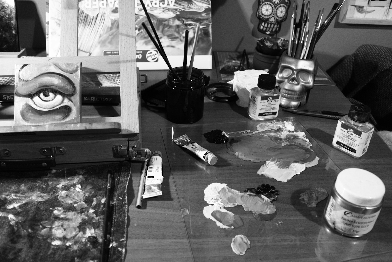 Black And White Photograph Of Art Supplies On A Ta Jigsaw Puzzle Free Online Jigsaw Puzzle
